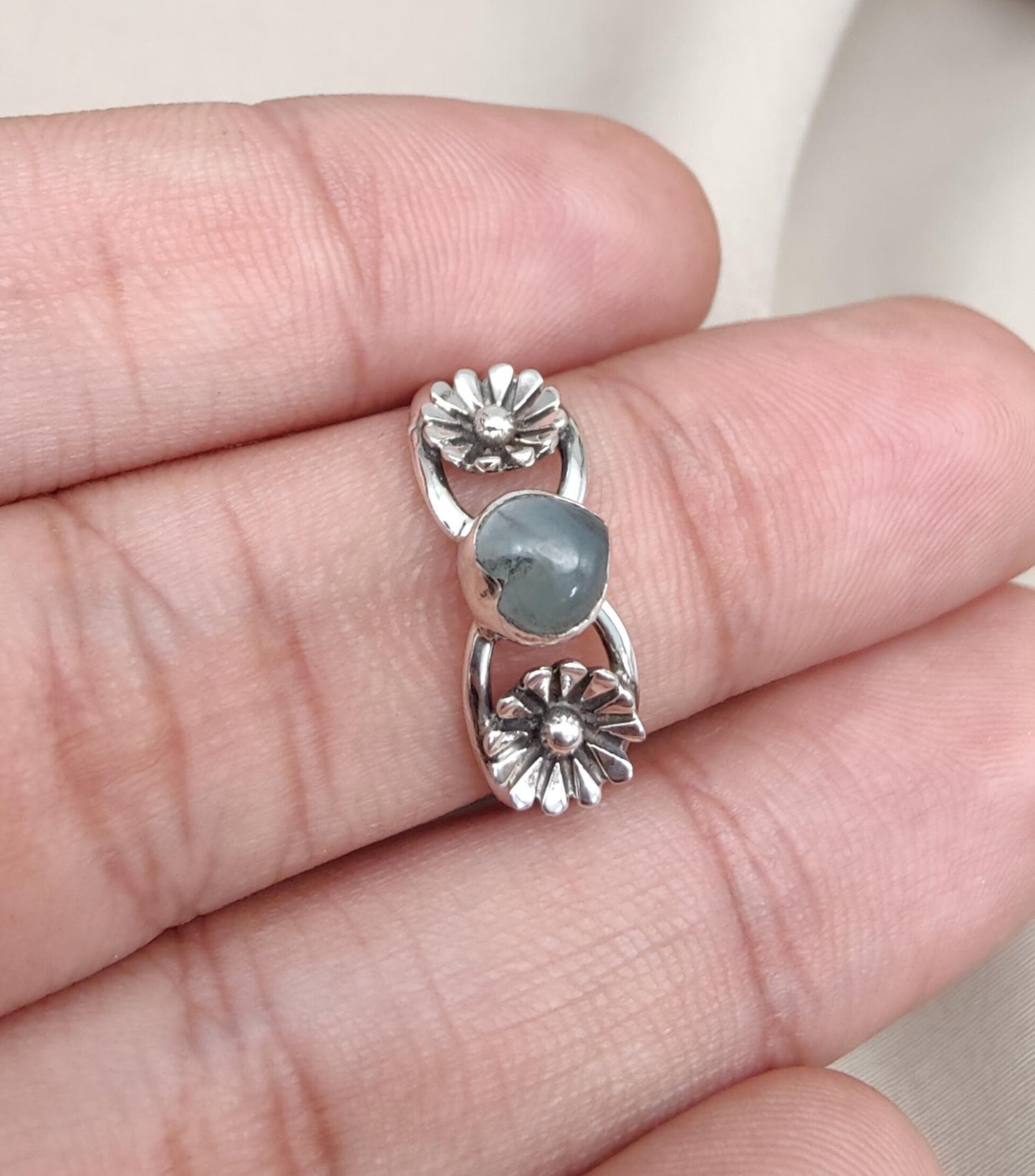 Aquamarine Heart Ring 925 Sterling Silver Floral Boho Ring