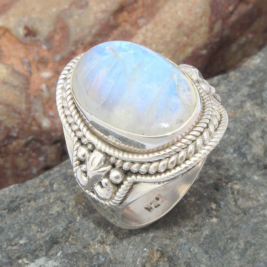 925 SOLID STERLING SILVER NATURAL RAINBOW MOONSTONE GEMSTONES HANDMADE RING, ALL SIZES AVAILABLE