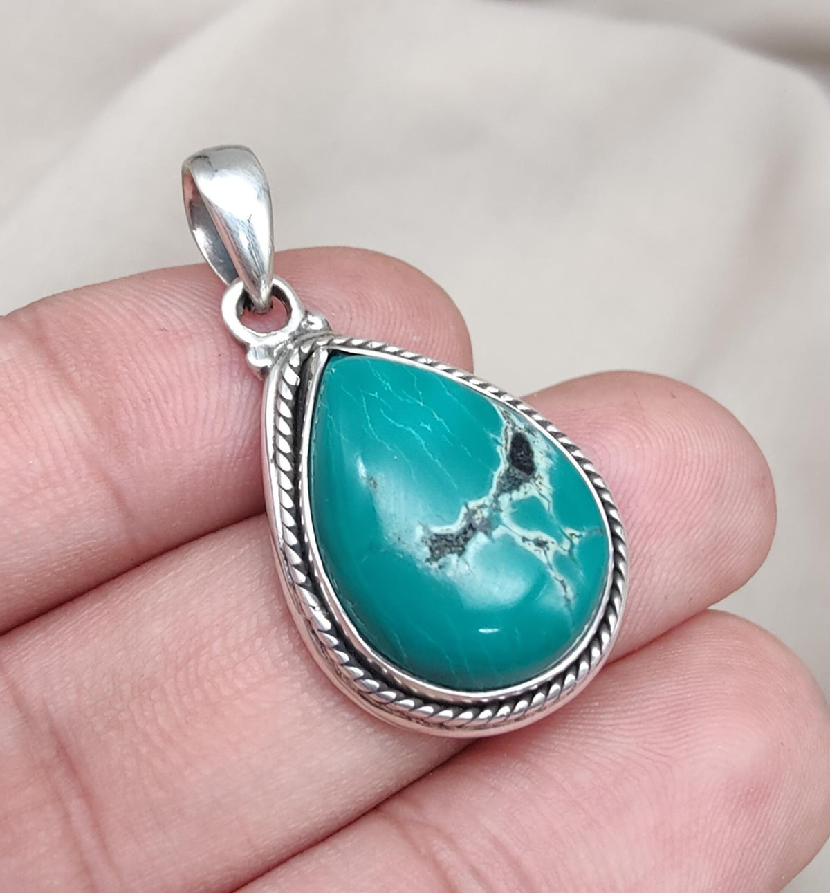 Tibetan Turquoise Pear Pendant: Sterling Silver Boho Necklace