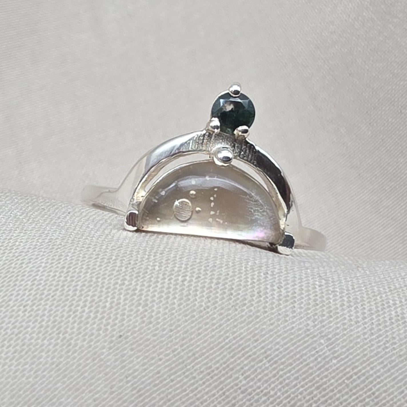 Mother of Pearl Doublet  Ring 925 Sterling Silver Dual Stone Moss Agate Statement Ring