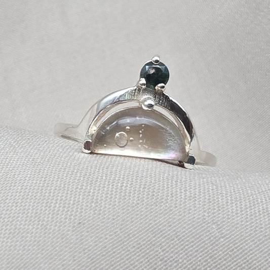 Mother of Pearl Doublet  Ring 925 Sterling Silver Dual Stone Moss Agate Statement Ring