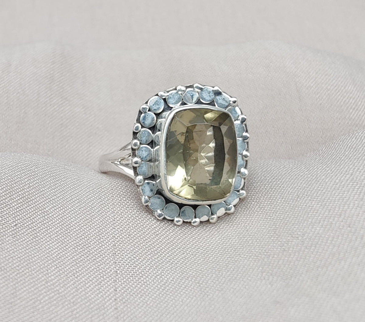 Lemon Quartz Sterling Silver Ring: Cushion Cut Cocktail Statement Jewelry