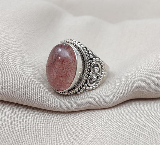 Strawberry Quartz 925 Sterling Silver Ring: Handmade Boho Gemstone Jewelry