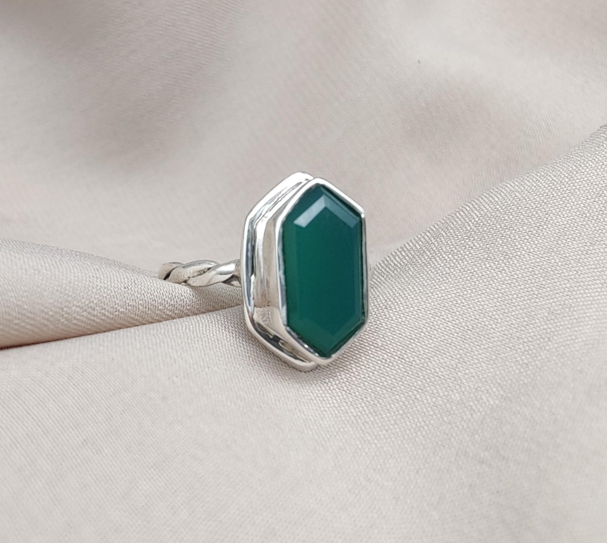 Green Onyx Hexagon Ring: 925 Sterling Silver, Handmade Jewelry