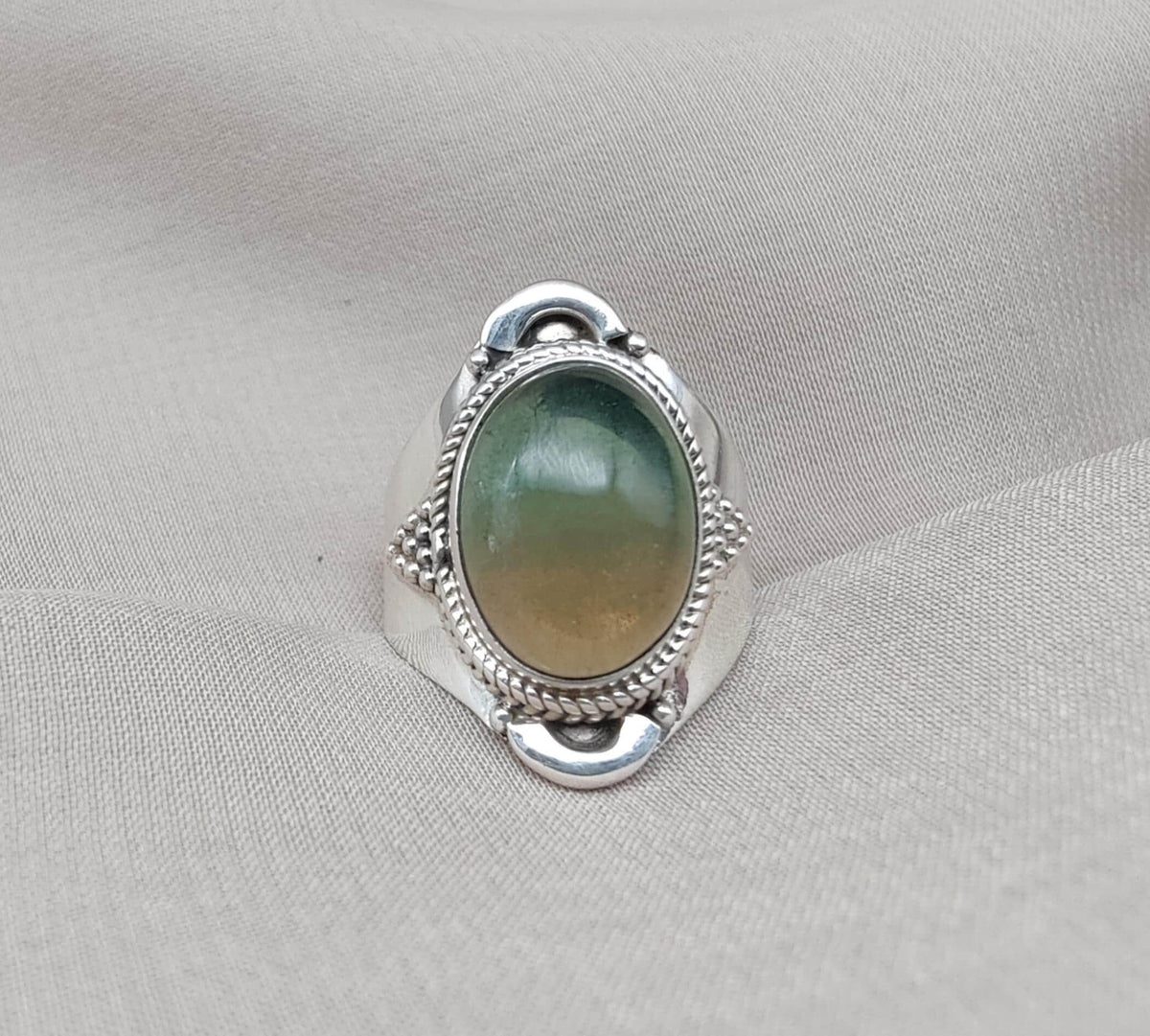 Fluorite Sterling Silver Ring: Green-Gold Crystal, Boho Healing Jewelry