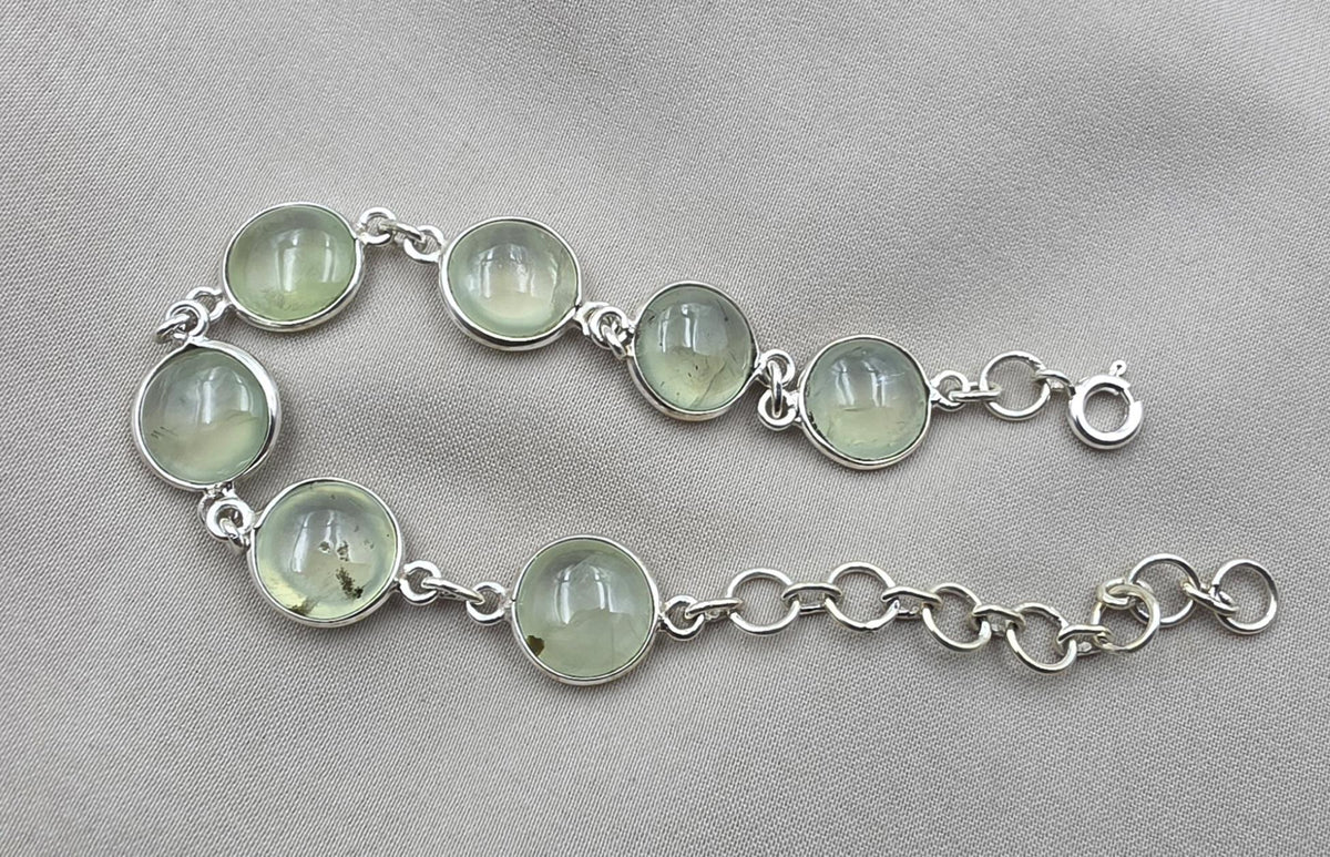 925 Sterling Silver Prehnite Cabochon Link Bracelet Handmade Gemstone Jewelry Gift for Her