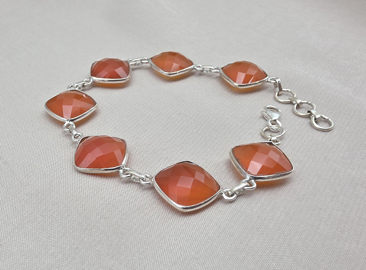 Sterling Silver Carnelian Bracelet, Faceted Gemstone Handmade Jewelry