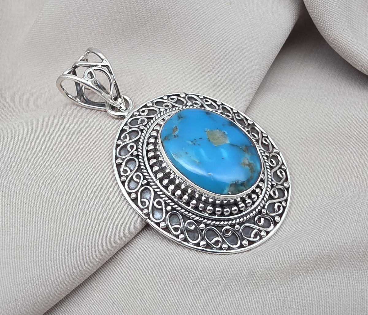 American Turquoise Silver Pendant 925 Sterling Silver Oval Cabochon Handmade Gemstone Jewelry