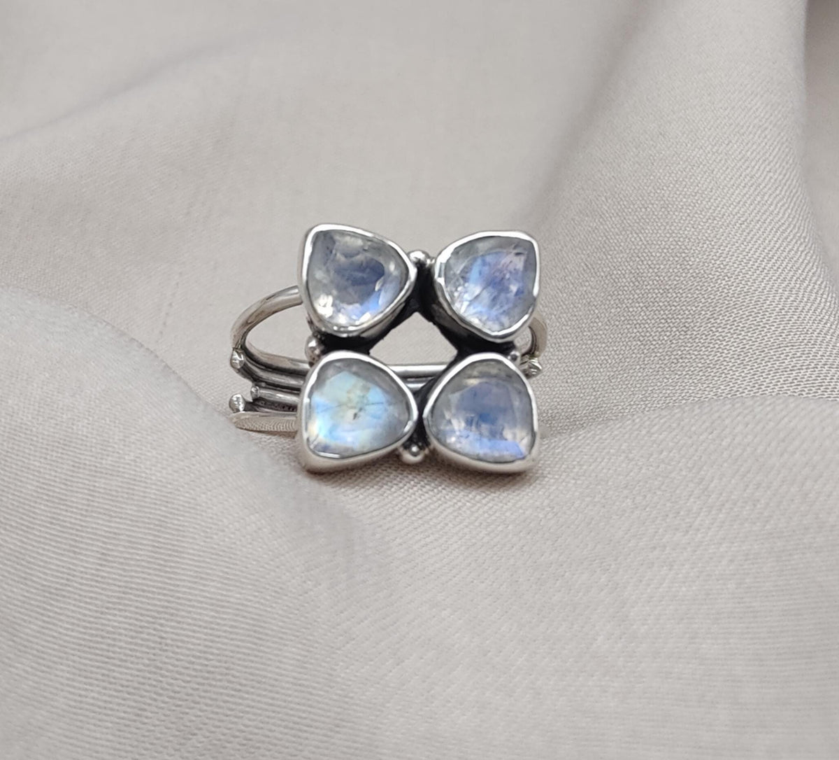 Rainbow Moonstone Floral Cluster Ring: Handmade 925 Sterling Silver