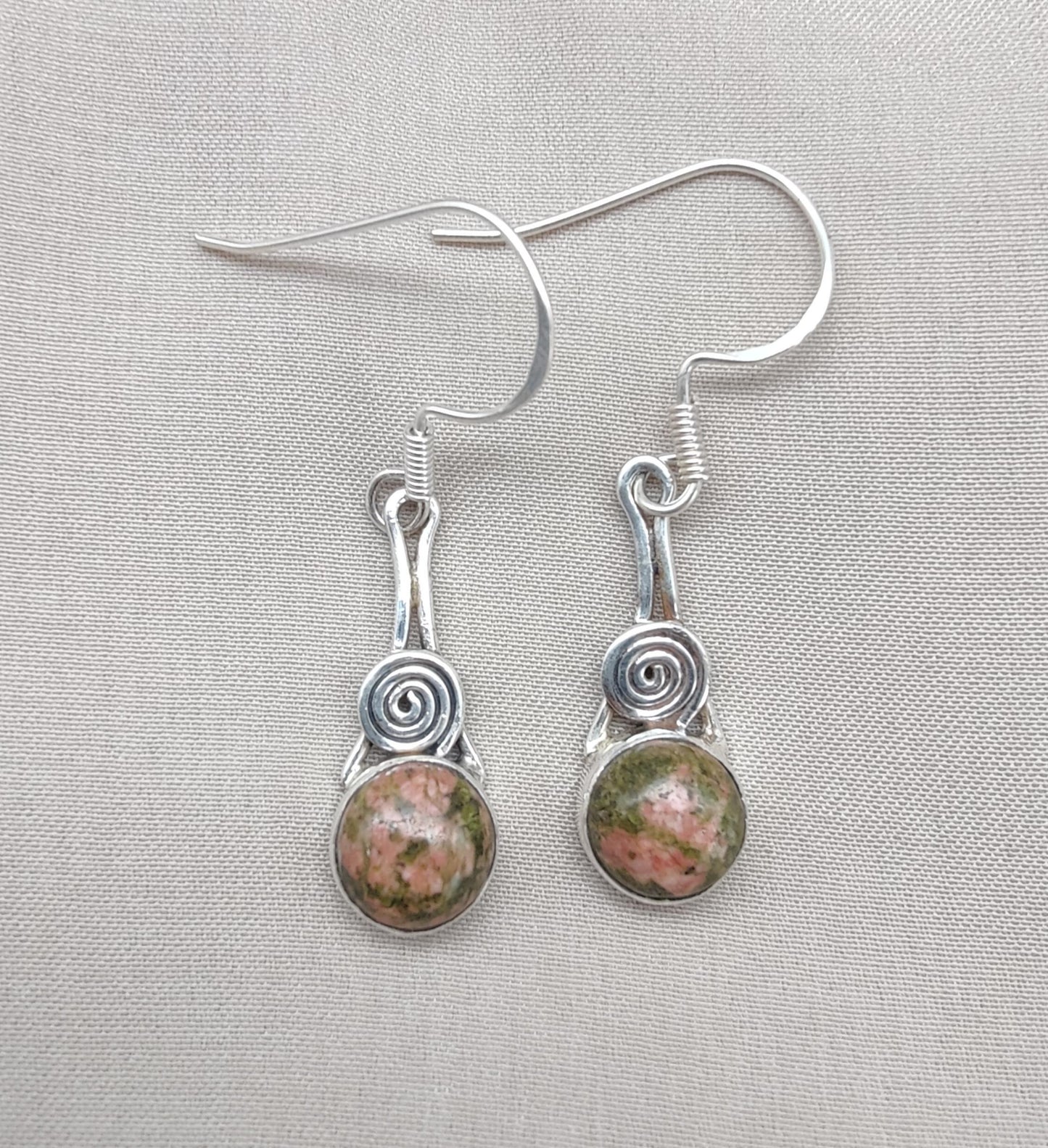 Unakite Dangle Earrings: 925 Sterling Silver, Boho Healing Stone
