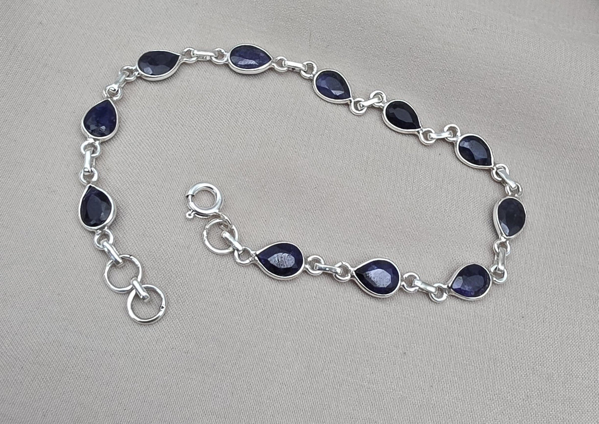 925 Sterling Silver Sapphire Bracelet Natural Blue Gemstone Pear Link Jewelry