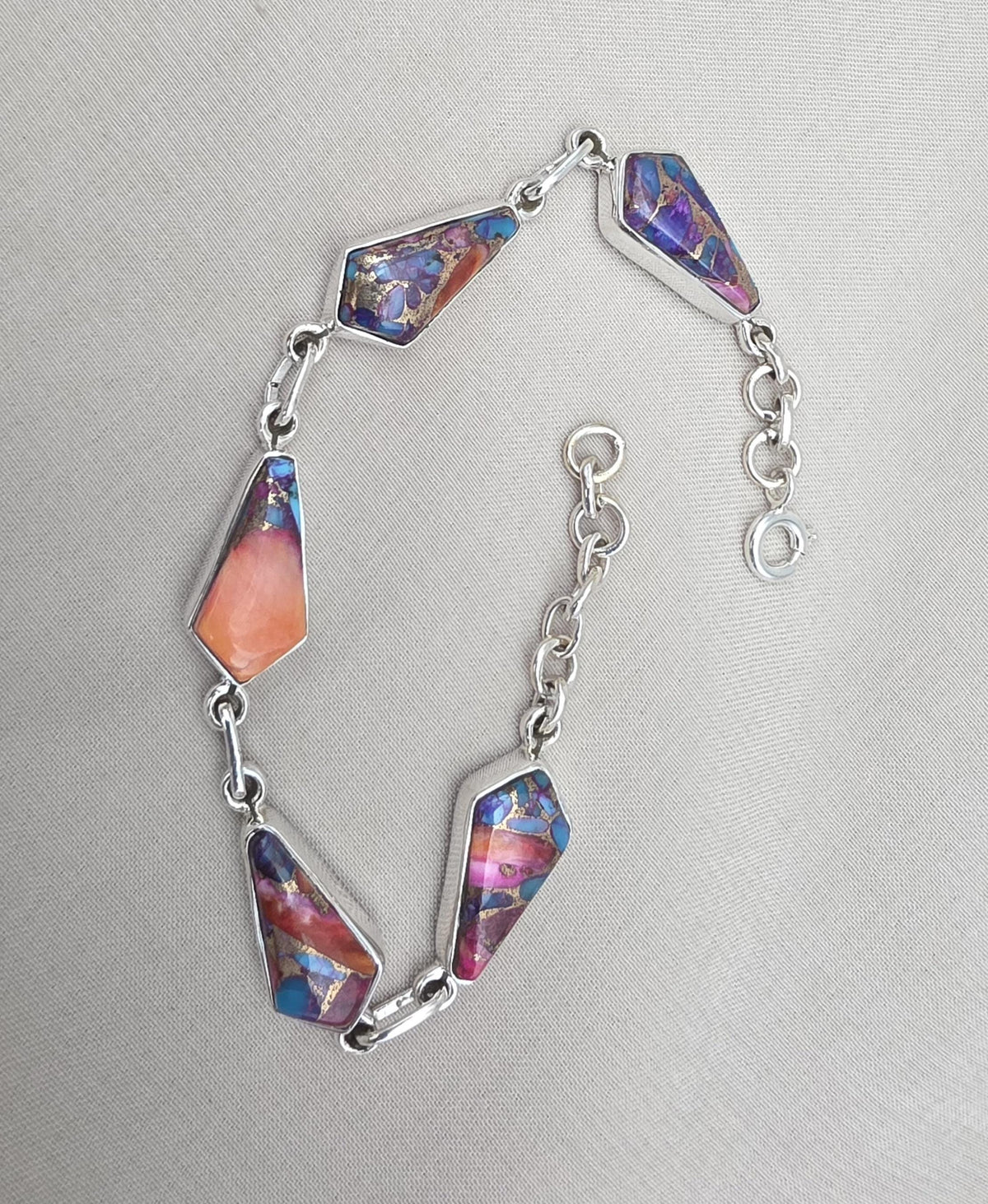 Spiny Oyster Turquoise 925 Sterling Silver Multi Stone Link Bracelet Handmade Boho Statement Jewelry