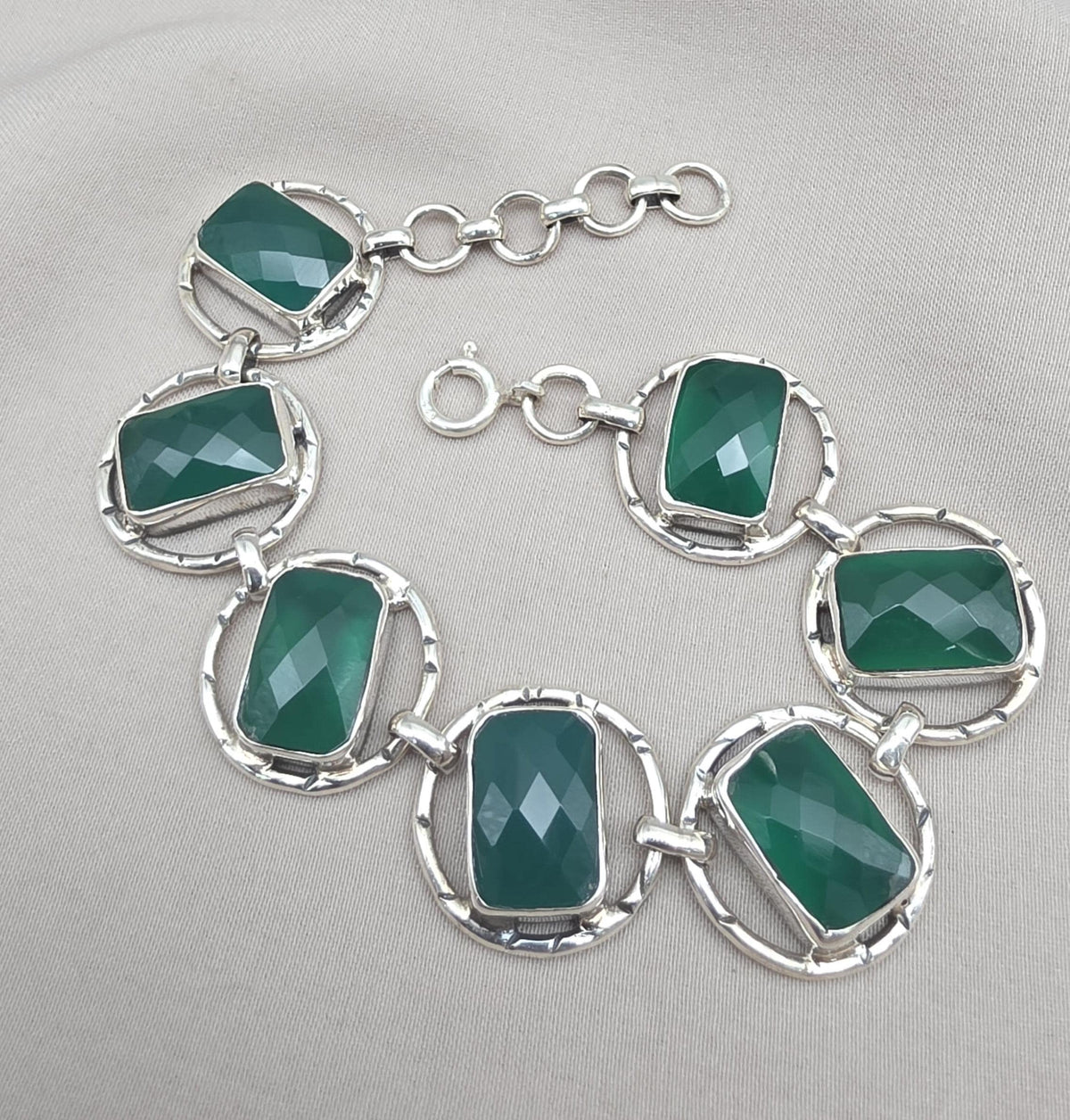 925 Sterling Silver Green Onyx Bracelet Bold Statement Gemstone Link Bracelet Gift for Her