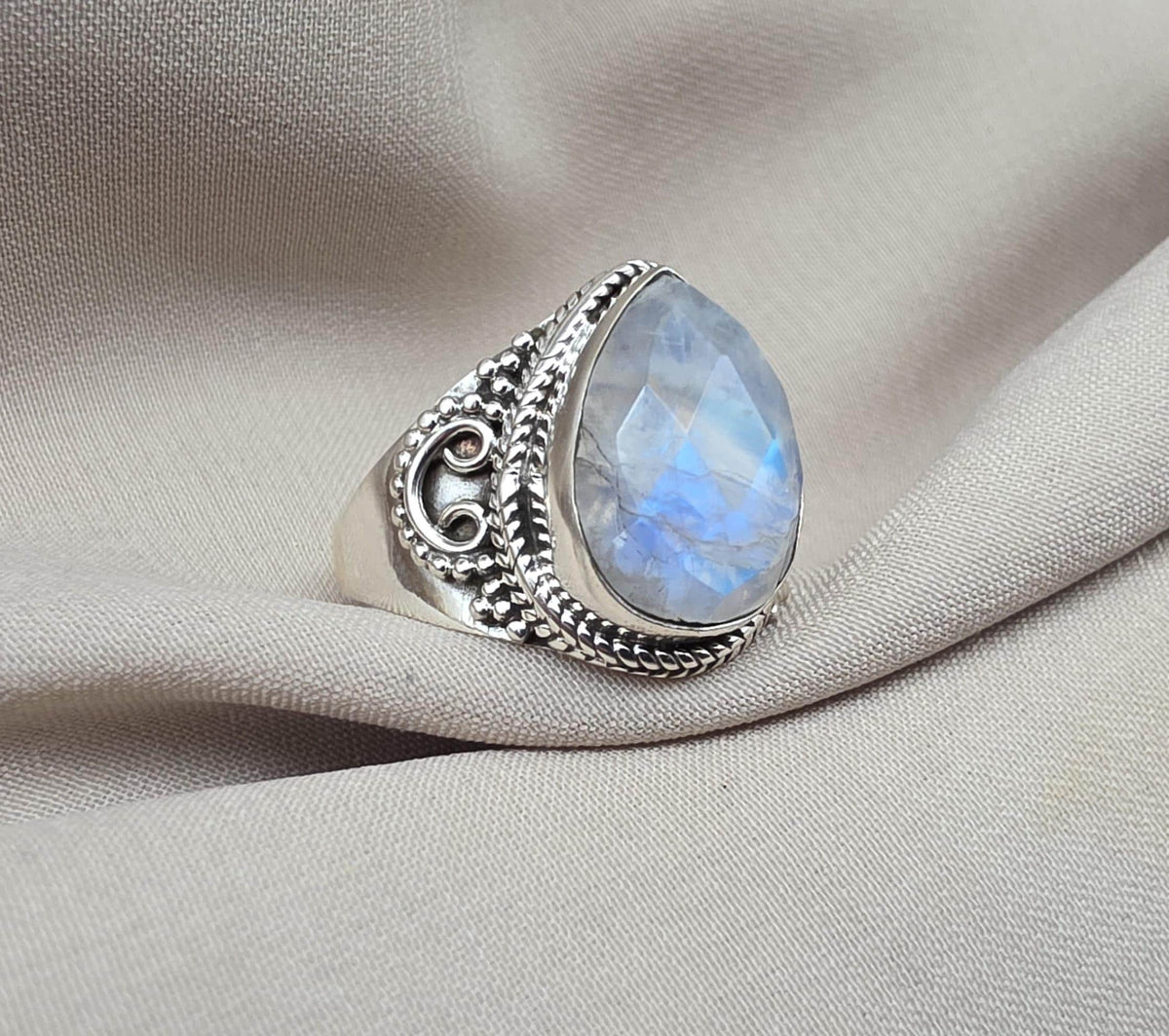 Rainbow Moonstone Ring 925 Sterling Silver Pear Shape Statement Ring June Birthstone Jewelry