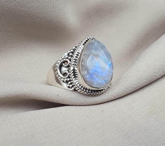 Rainbow Moonstone Ring 925 Sterling Silver Pear Shape Statement Ring June Birthstone Jewelry