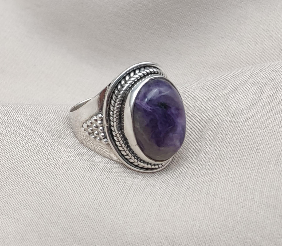 Natural Charoite 925 Sterling Silver Ring: Handmade Boho Gemstone Jewelry