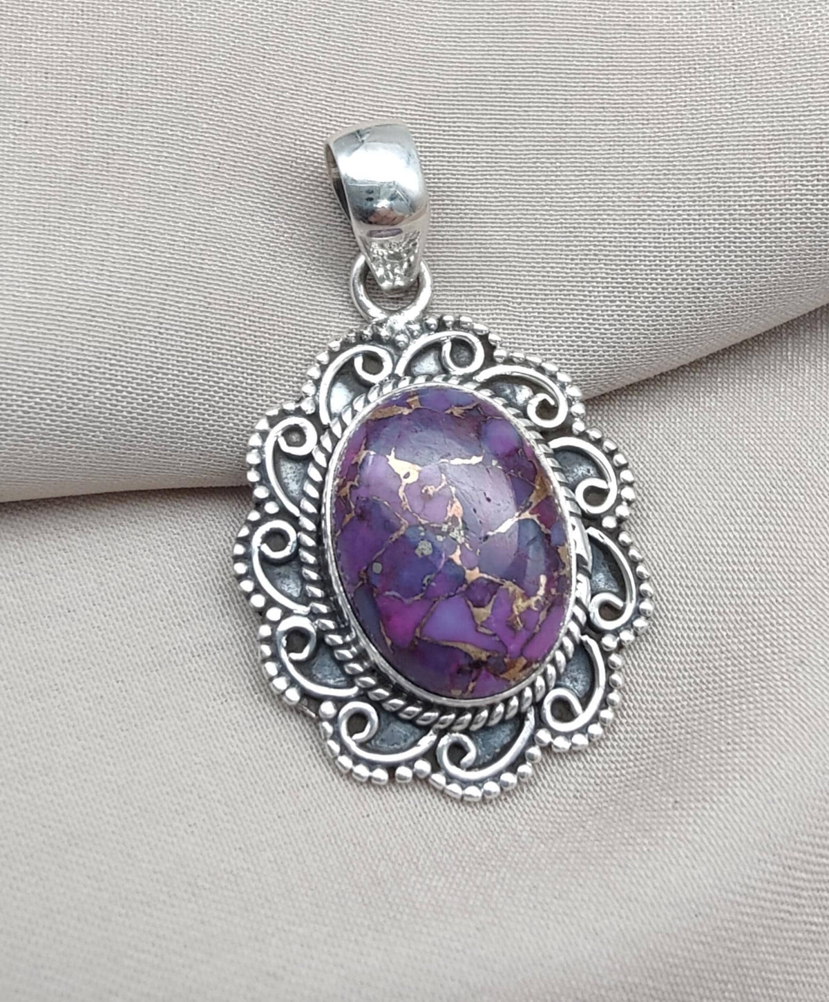 Purple Copper Turquoise Pendant: Sterling Silver Boho Statement Necklace