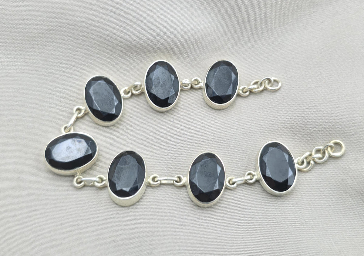 Black Onyx 925 Sterling Silver Faceted Oval Stone Link Bracelet Handmade Jewelry