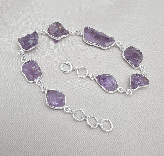 Raw Amethyst 925 Sterling Silver Link Bracelet – Boho Gemstone Jewelry