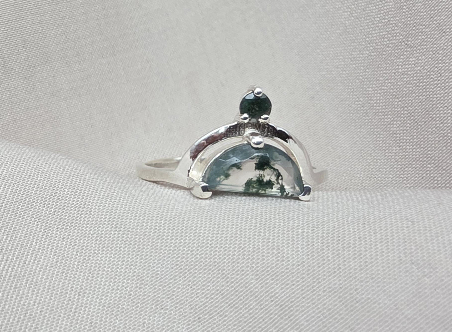 Moss Agate Ring 925 Silver Dual Stone Statement Ring Nature Gemstone