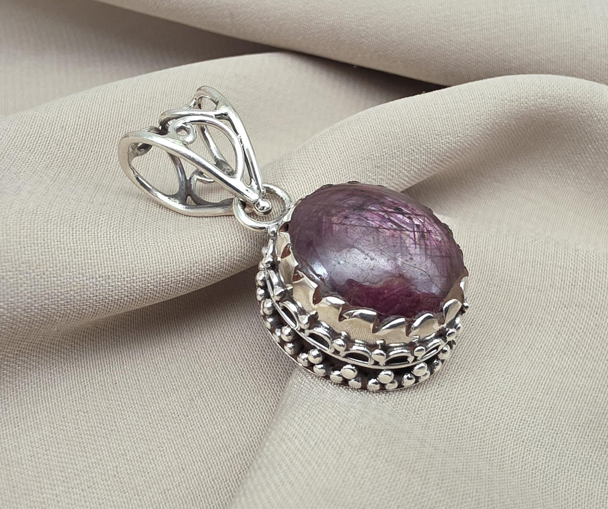 Natural Ruby Star Pendant Genuine Asteriated Ruby Cabochon Handmade 925 Sterling Silver Jewelry