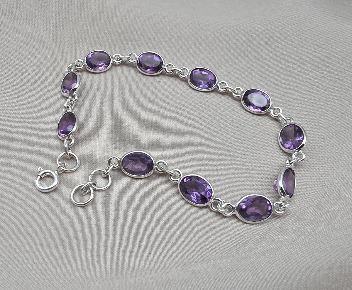 925 Sterling Silver Amethyst Bracelet Natural Purple Gemstone Oval Link Jewelry