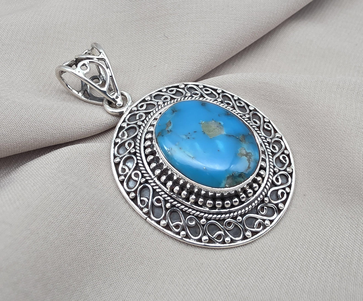 American Turquoise Silver Pendant 925 Sterling Silver Oval Cabochon Handmade Gemstone Jewelry