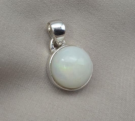 Natural White Opal Round Pendant 925 Sterling Silver Handmade Cabochon Gemstone Jewelry
