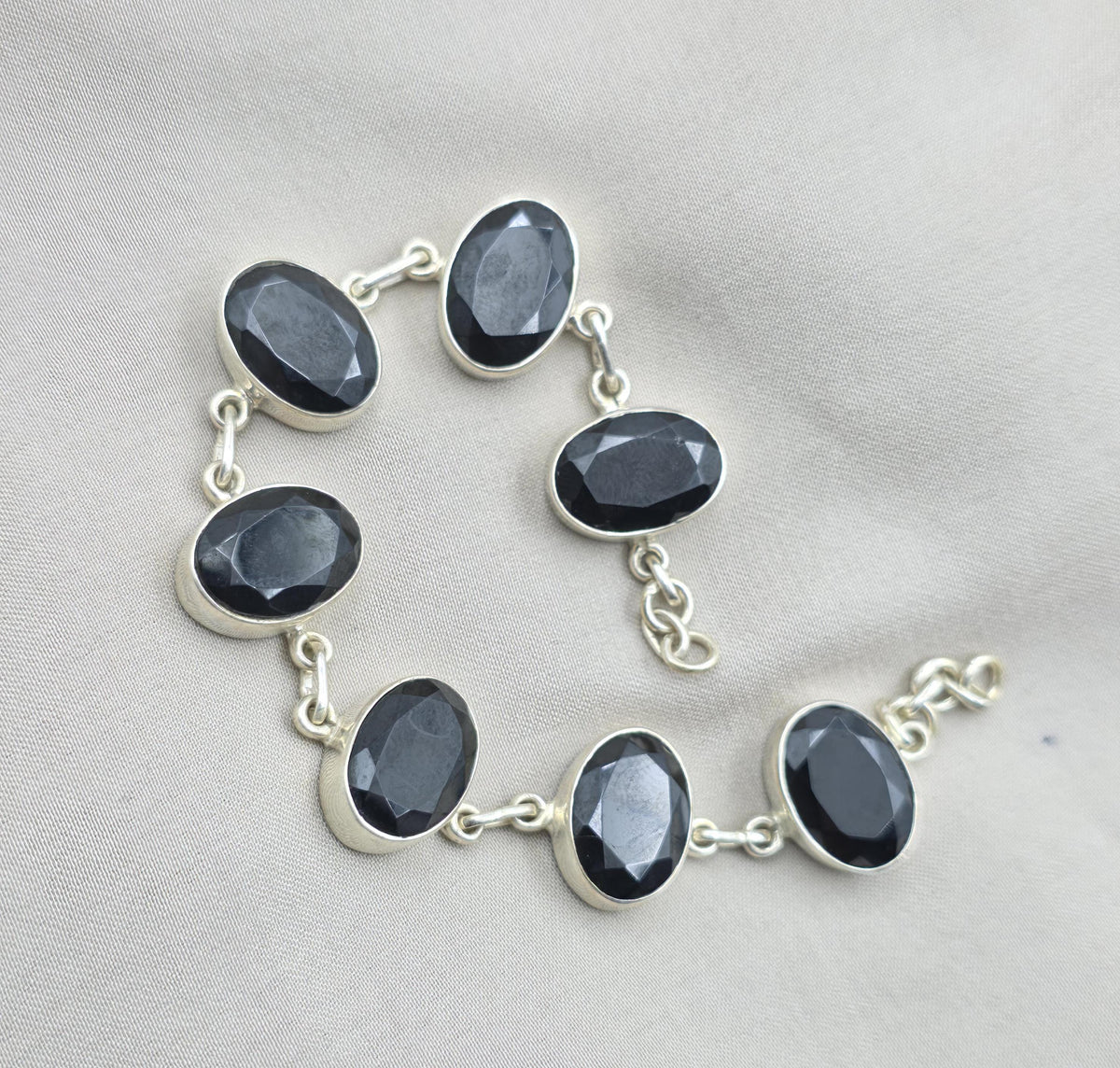Black Onyx 925 Sterling Silver Faceted Oval Stone Link Bracelet Handmade Jewelry