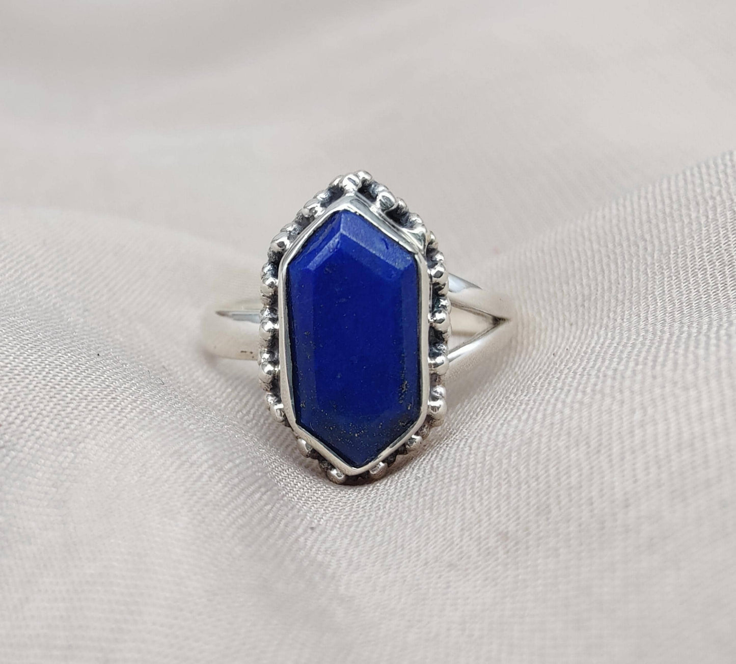 Natural Lapis Lazuli 925 Sterling Silver Ring: Handmade Hexagon Gemstone, Boho Jewelry