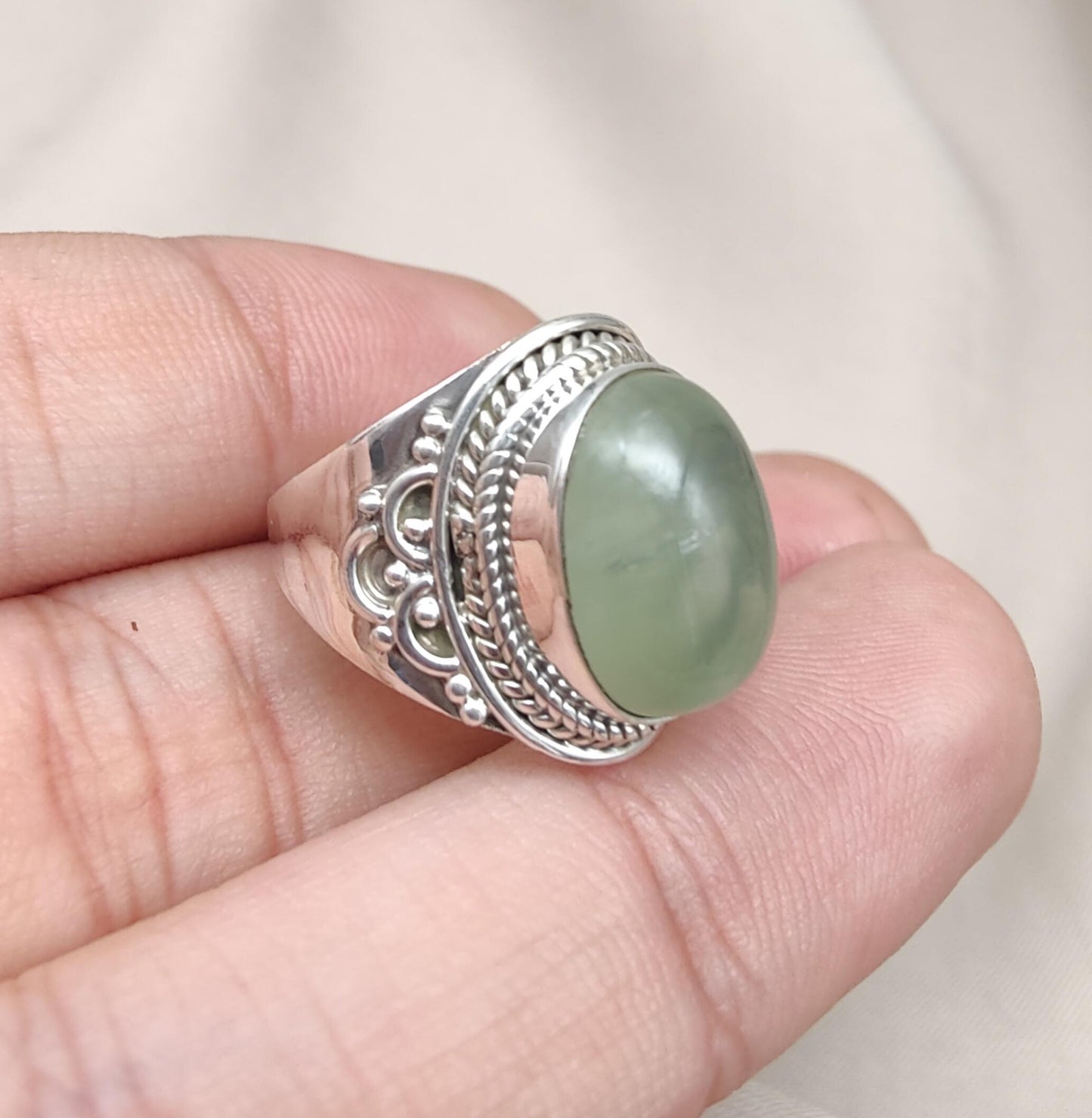 Prehnite 925 Sterling Silver Ring: Handmade Boho Healing Crystal