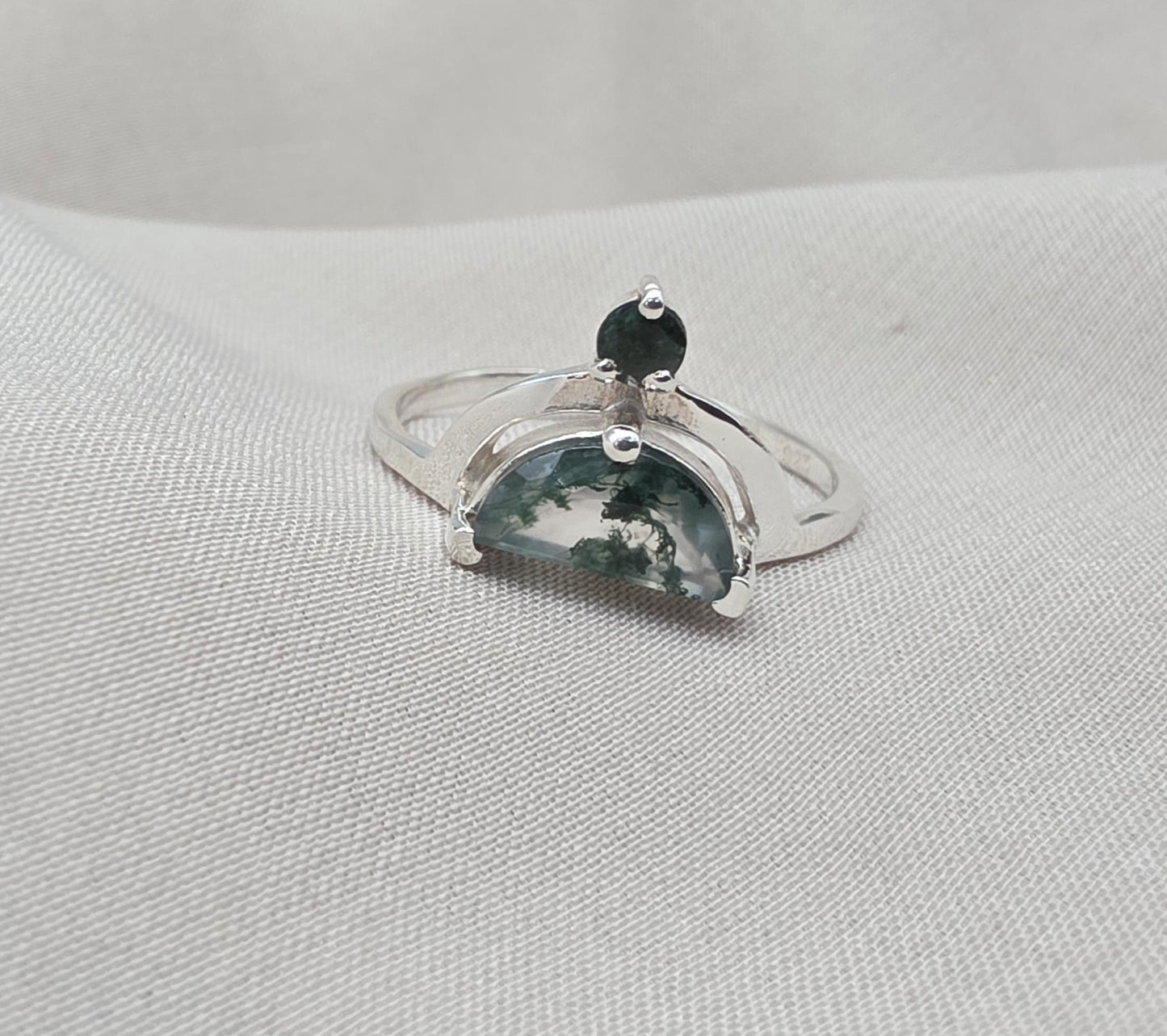 Moss Agate Ring 925 Silver Dual Stone Statement Ring Nature Gemstone