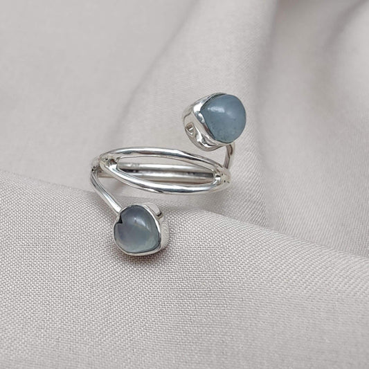 Aqua Milky Quartz 925 Sterling Silver Ring: Adjustable Open Wrap Design
