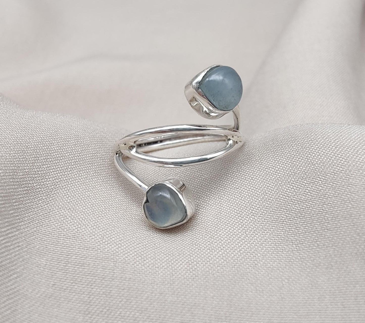Aqua Milky Quartz 925 Sterling Silver Ring: Adjustable Open Wrap Design
