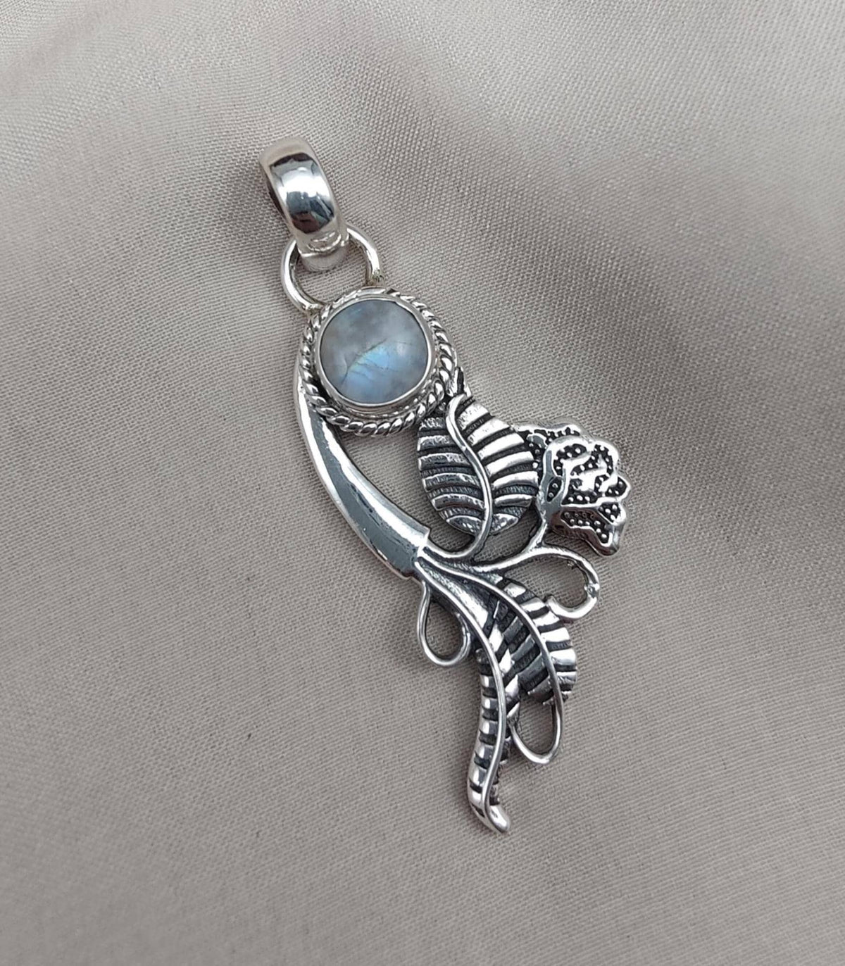 Rainbow Moonstone Silver Pendant: Artisan Floral Leaf Design, Boho Charm