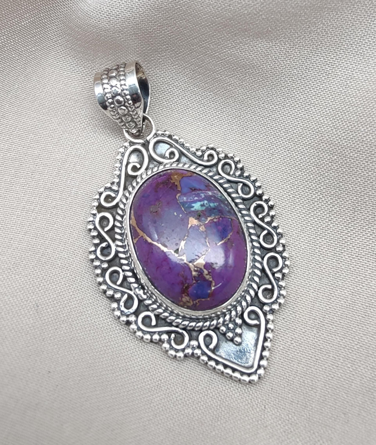 Purple Copper Turquoise Pendant: Sterling Silver Boho Healing Necklace