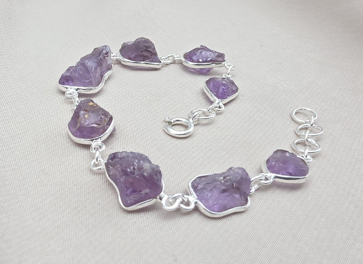 Raw Amethyst 925 Sterling Silver Link Bracelet – Boho Gemstone Jewelry