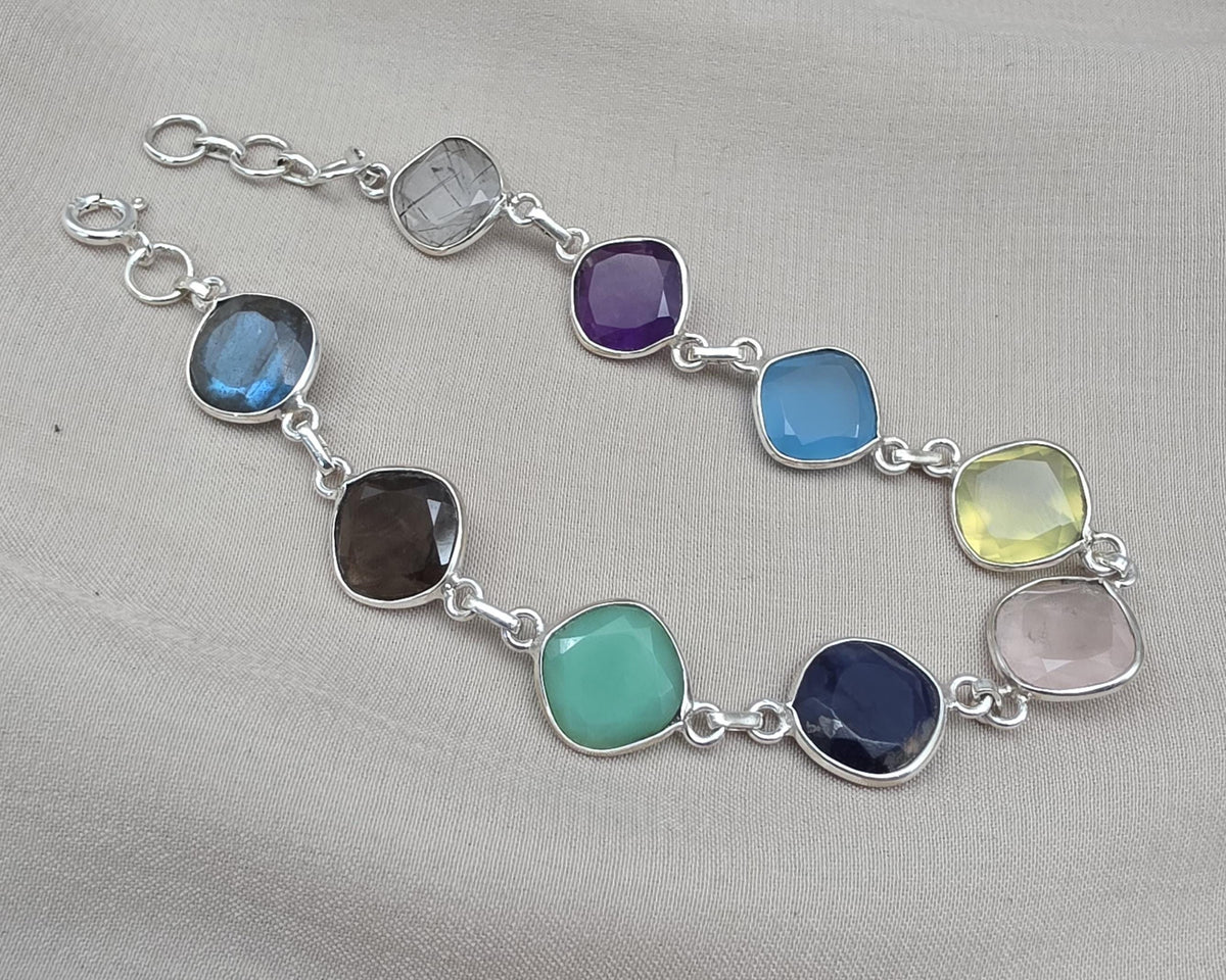 925 Sterling Silver Multi Stone Bracelet Natural Gemstone Cushion Link Jewelry