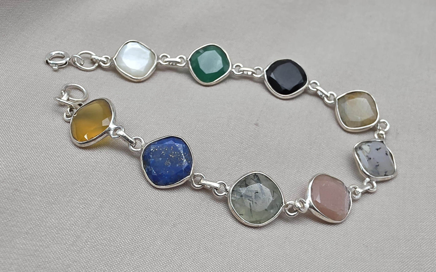 Multi Gemstone Bracelet 925 Sterling Silver Colorful Statement Bracelet