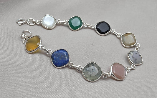 Multi Gemstone Bracelet 925 Sterling Silver Colorful Statement Bracelet