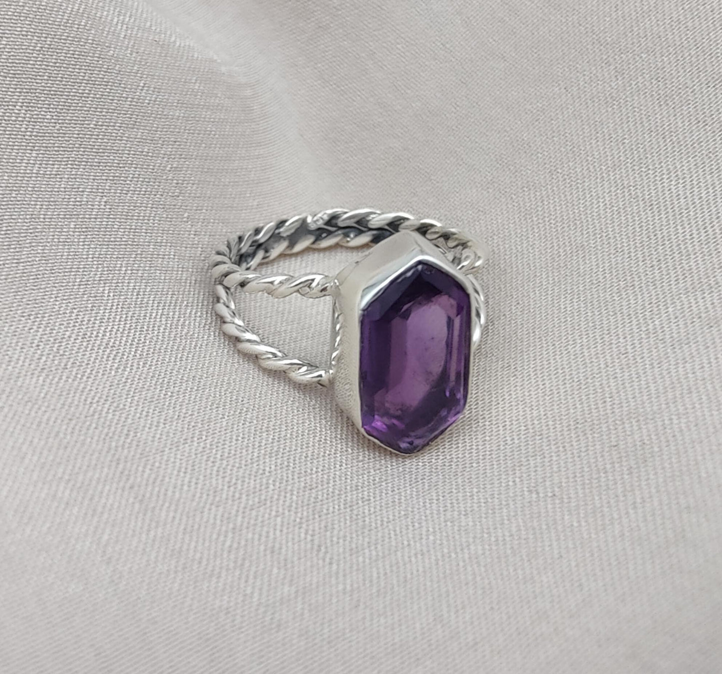 Amethyst Hexagon 925 Sterling Silver Ring: Twisted Band, Spiritual Jewelry