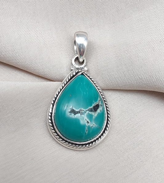 Tibetan Turquoise Pear Pendant: Sterling Silver Boho Necklace