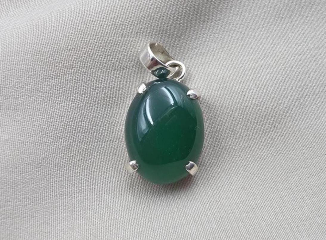925 Sterling Silver Oval Green Onyx Pendant, Natural Gemstone Charm, Handmade Jewelry