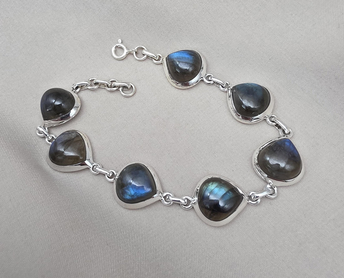 Natural Labradorite Bracelet 925 Sterling Silver, Blue Flash Labradorite Gemstone Jewelry Birthstone Gifts