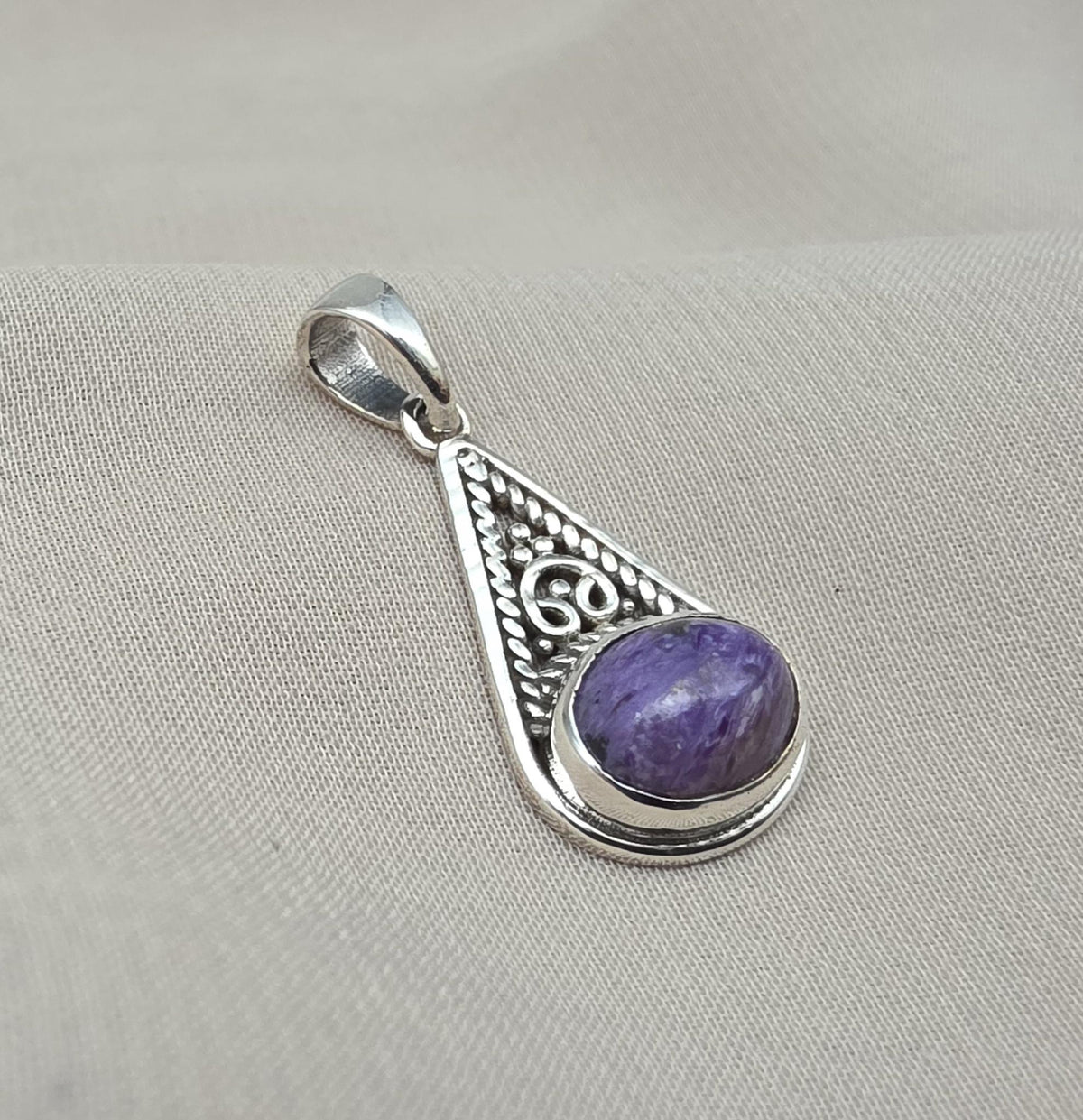 Handmade Charoite 925 Sterling Silver Pendant: Purple Gemstone Boho Necklace