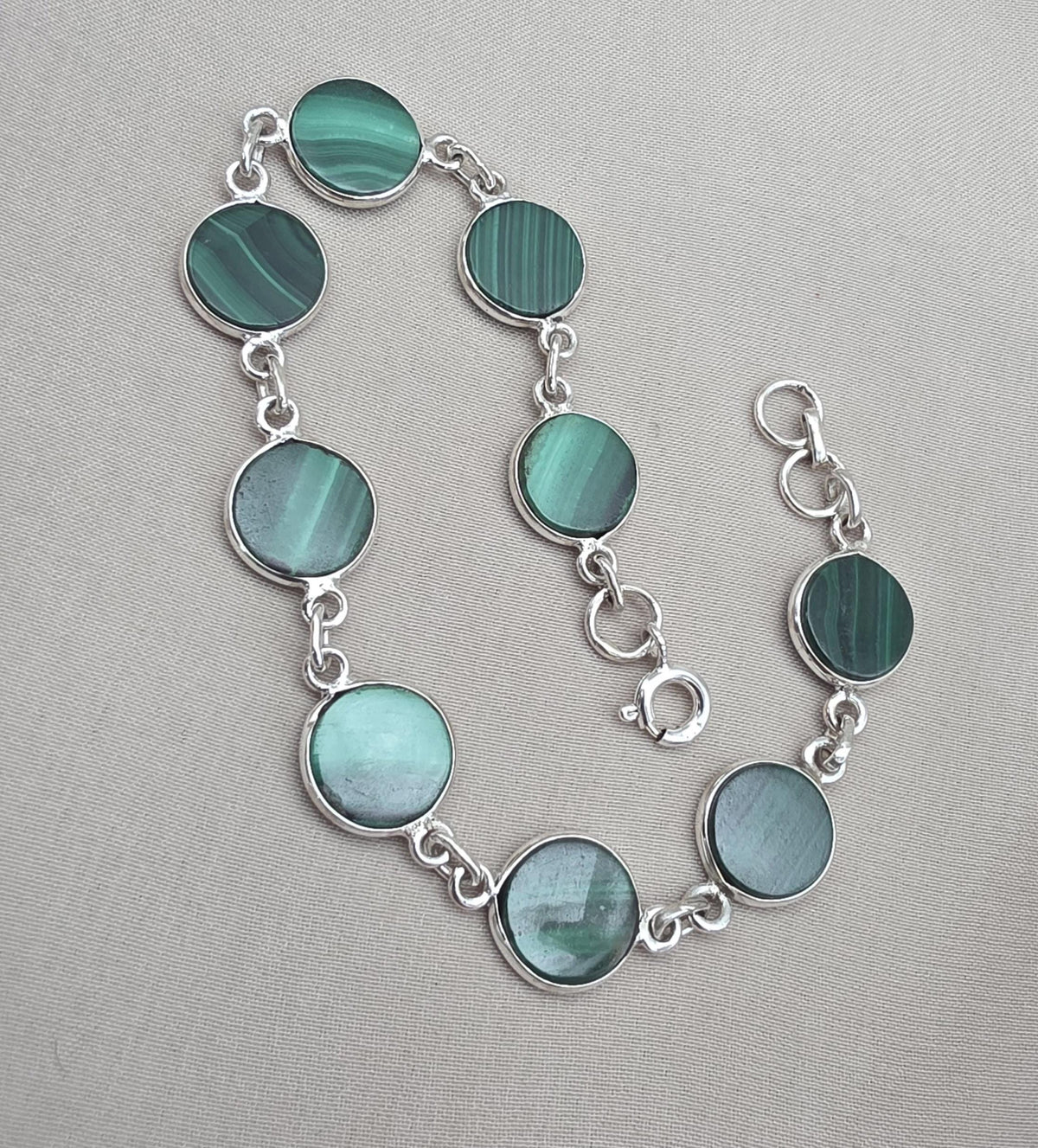 Malachite Bracelet 925 Sterling Silver Round Cabochon Green Gemstone Link Bracelet Handmade Jewelry