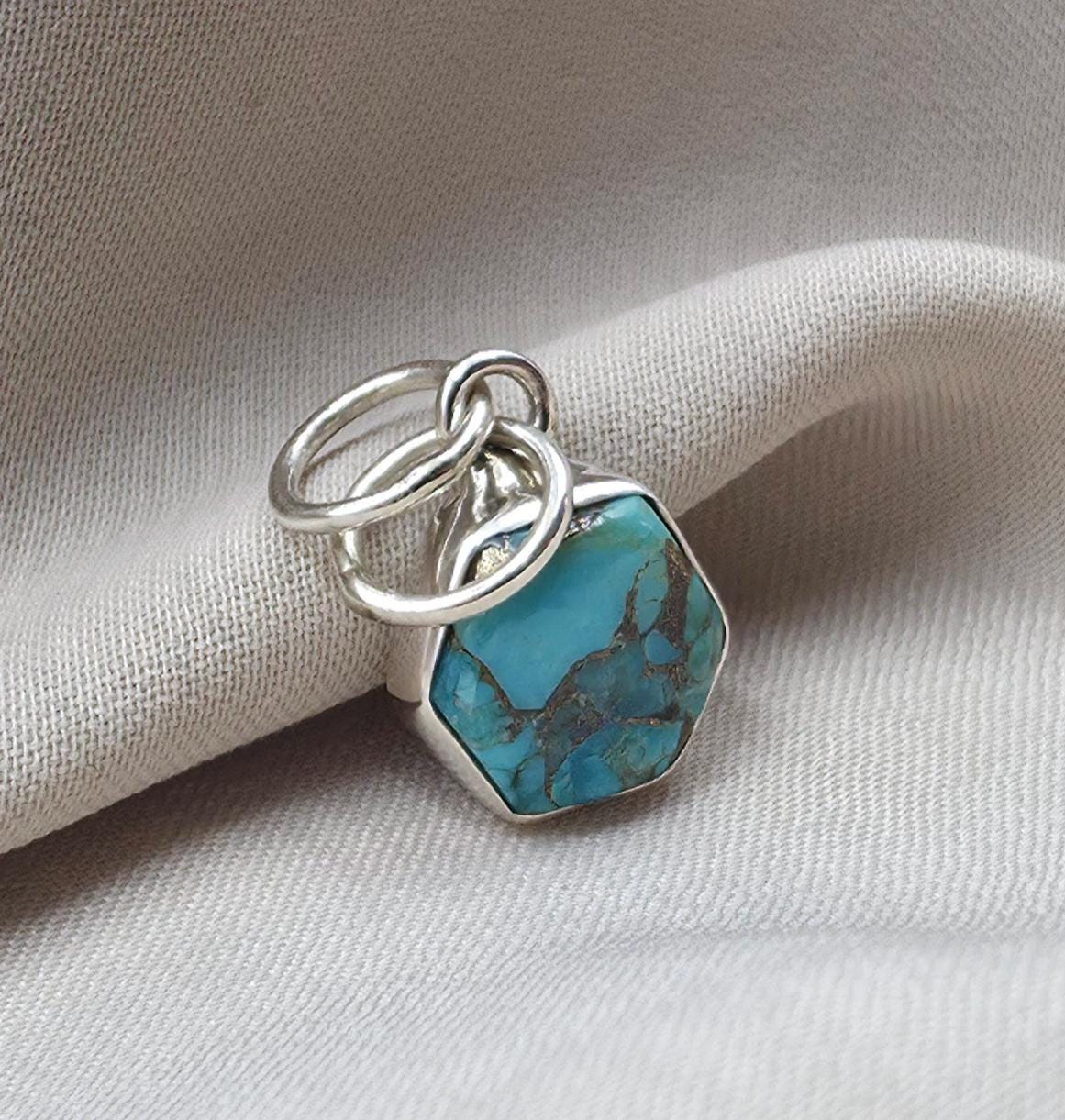 925 Sterling Silver Blue Copper Turquoise Hexagon Pendant Handmade Jewelry
