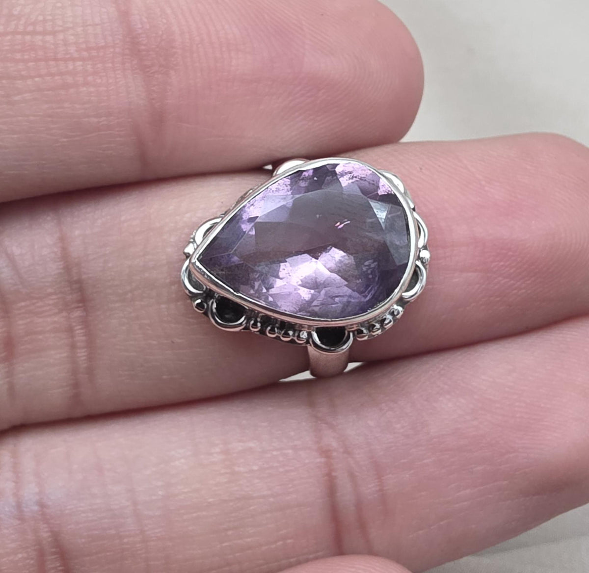 925 Sterling Silver Amethyst Ring Pear Shape Purple Gemstone Statement Ring February Birthstone