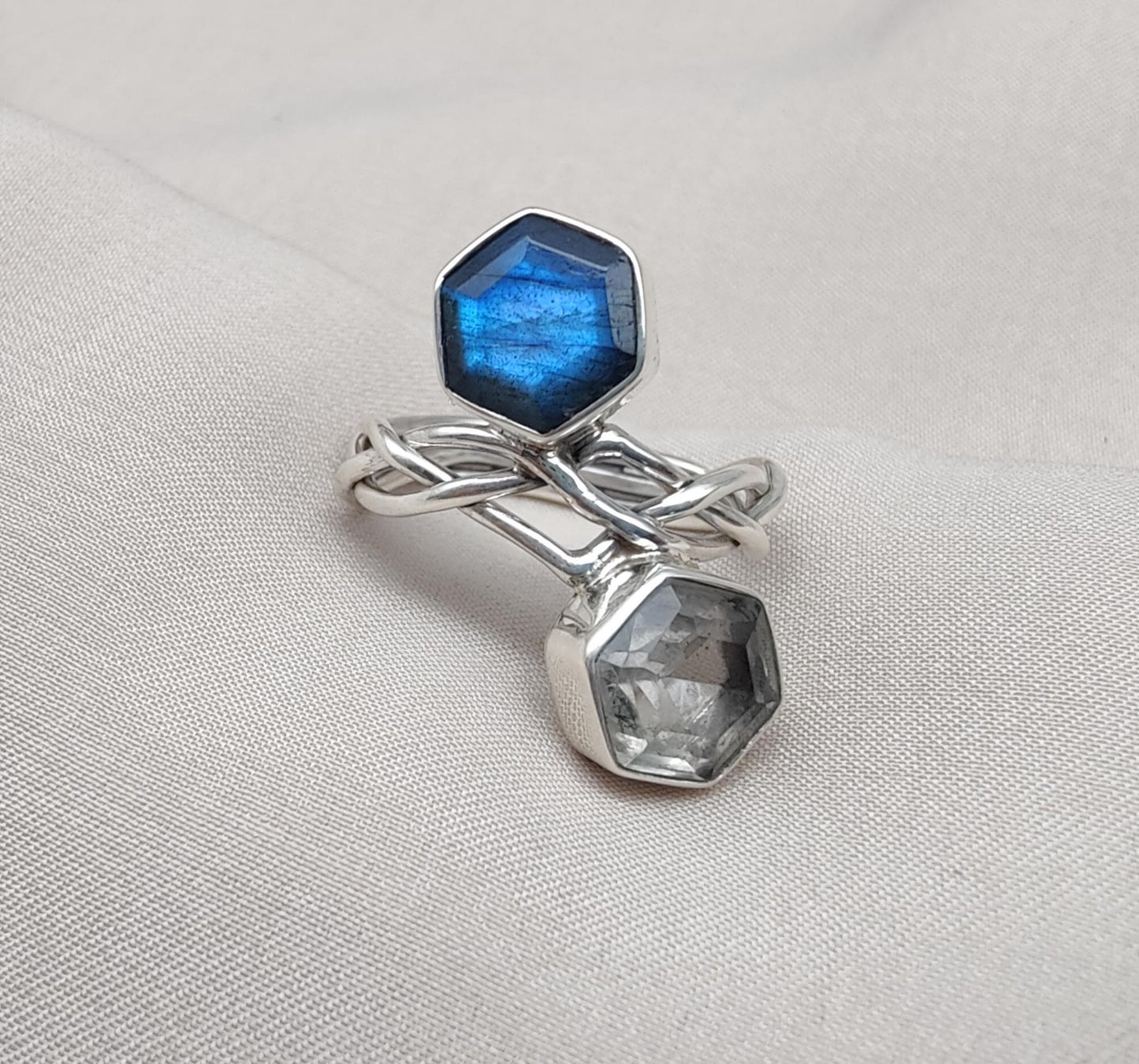 Labradorite & Green Amethyst 925 Sterling Silver Ring: Adjustable Double Stone