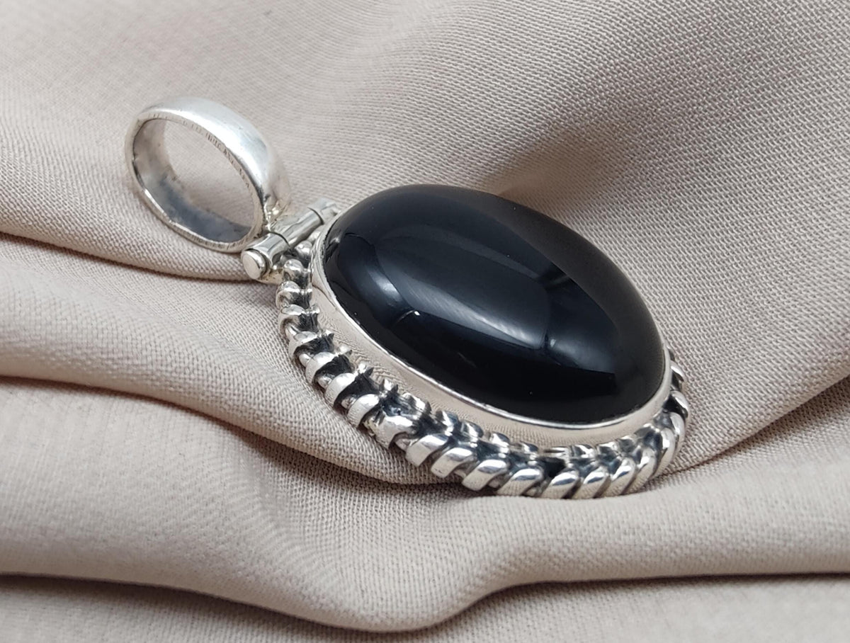 Handmade Black Onyx 925 Sterling Silver Pendant: Protection Amulet
